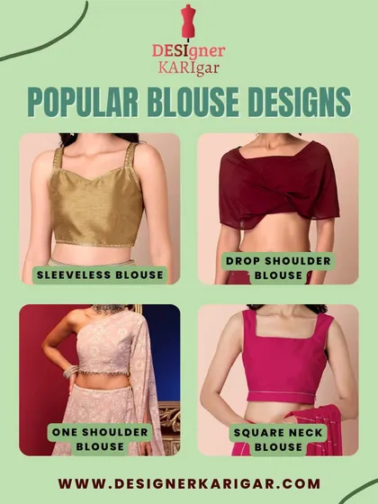 A collection of popular modern blouse designs, including a sleeveless style, a drop-shoulder top, a one-shoulder blouse, and a square neck blouse.