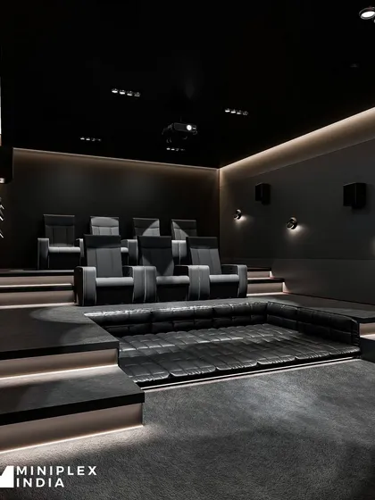 A look inside my 'Shadow Luxe' project. This design combines sleek, dark interiors with strategic ambient lighting to create a sophisticated and immersive atmosphere. Notice the unique sunken lounge area in the front, which offers a more relaxed and casual viewing option alongside the premium recliners.