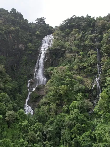 A magnificent waterfall cascading down a mountain, seen from a distance. The scale of the falls in the Western Ghats during monsoon is truly awe-inspiring.