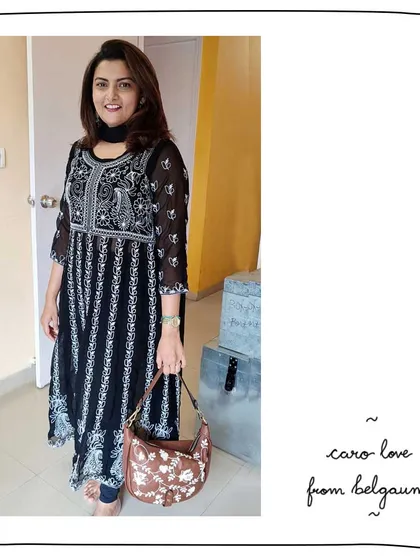 Our patron Pranali looking absolutely gorgeous with her Caro bag. This piece features our classic white Lace embroidery, which adds a delicate and feminine touch to the crescent-shaped shoulder bag.