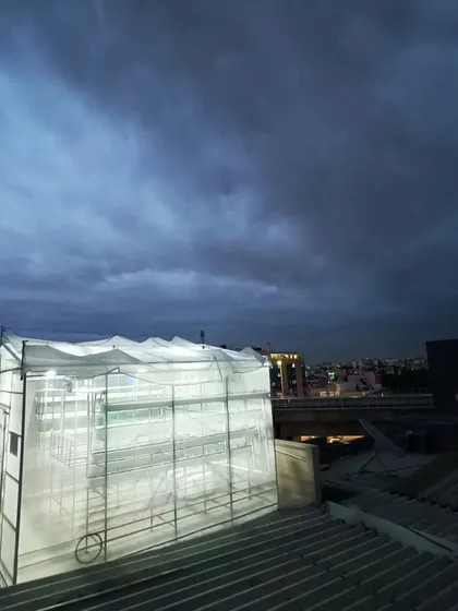 This is one of my custom setups, glowing against the evening sky. It shows how a productive farm can fit perfectly into an urban space, turning an unused corner of a roof into a source of fresh, clean food.