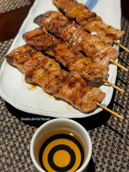Our chargrilled Yakitori skewers, glazed with a homemade sauce and paired with Umeshu, a sweet and tangy Japanese plum liqueur.