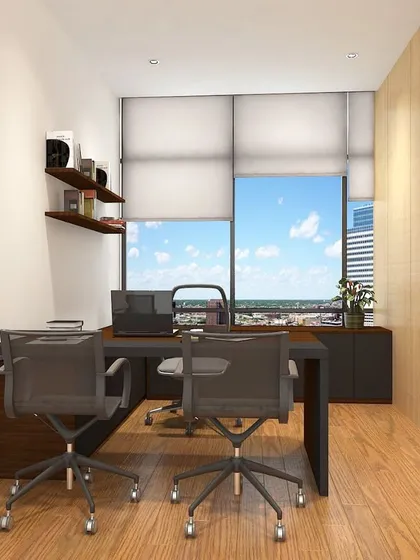This 3D render shows a concept for a smaller director's cabin. The design is clean and efficient, using light wood tones and a simple layout to maximize the space and create a pleasant work environment.