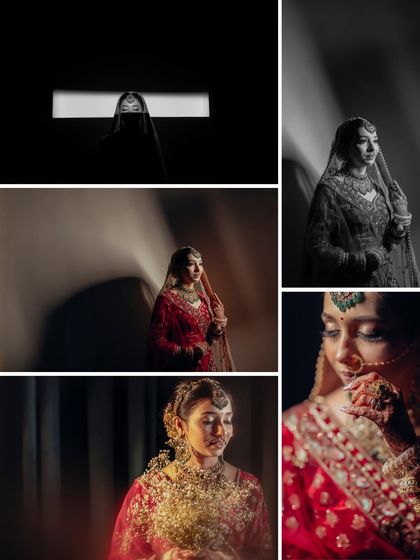 A creative collage of the bride, Parul, using dramatic lighting and monochrome effects to create a series of artistic and moody bridal portraits.