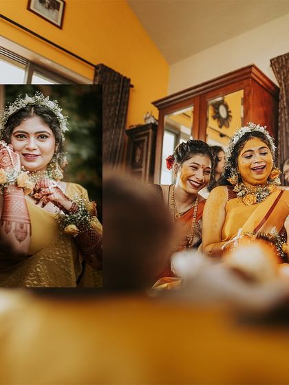 A collage of candid moments from inside the house during a Haldi ceremony, capturing the intimate family atmosphere.