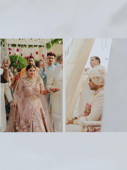 A collage showing the bride's entrance under a phoolon ki chadar and the groom waiting at the mandap. These shots capture the traditional and emotional aspects of the ceremony.