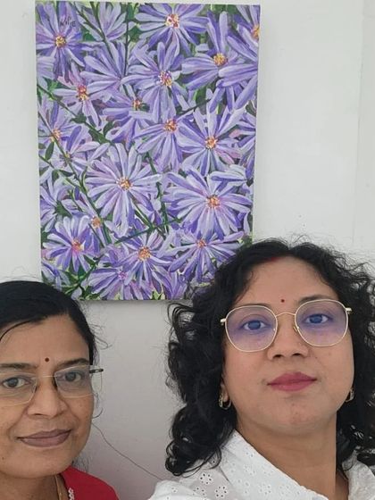 With a friend in front of my 'Purple Haze' aster flower painting.