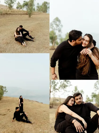 A collection of relaxed moments from a lakeside pre-wedding shoot. The images show the couple sitting and laughing together, capturing the easy comfort of their relationship.