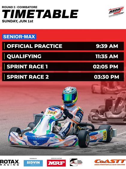The final day schedule for the Senior Max class at the Meco Meritus Cup, detailing the practice, qualifying, and sprint races.