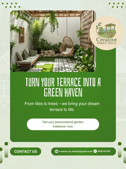 From bare tiles to thriving trees, I bring your dream terrace to life. This design shows a beautiful balance of paved areas, green turf, comfortable seating, and a hanging chair, creating a multi-functional green haven.