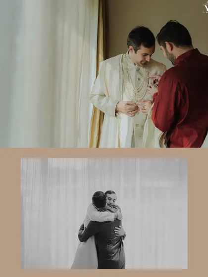 A collage of the groom getting ready, sharing a warm hug with a loved one. These black and white shots capture the emotional and supportive moments before the wedding.