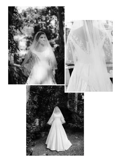 A collage of bridal details from the same wedding. It shows the bride's full gown, a close-up of her veil, and the intricate lacework on the back of her dress, all captured in classic black and white.