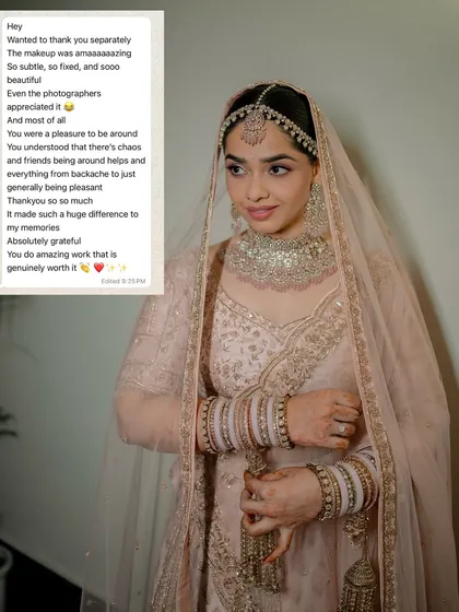 This message from a bride is why I do what I do. My job goes beyond makeup; it's about creating a calm, happy space for you. This look features a soft, fixed base and subtle enhancements that even the photographers appreciated, proving that great makeup is a team effort.