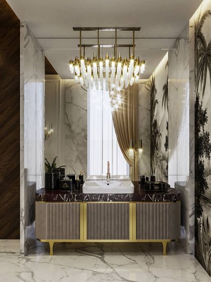 A full tour of a luxurious master bathroom, featuring a freestanding tub, a walk-in shower with a green wall, and a vanity area. The renders highlight the tropical-themed wallpaper and the elegant mix of marble, wood, and gold.