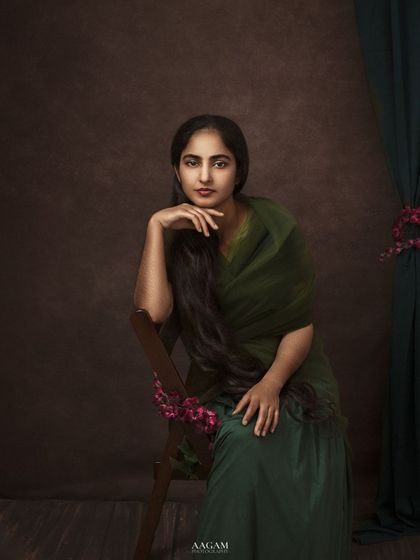 "Life's Simple...Let's keep it that way." A serene and beautiful portrait, with the subject in a simple green drape, exuding a sense of peace.