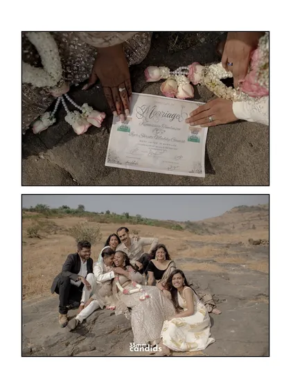 A collage showing their marriage certificate and a group photo with their closest friends. It highlights the official and emotional pillars of their union, celebrated with the people who stood by them.