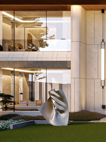 Every detail in this composition serves a purpose: framing the landscape, drawing in light, and grounding the sculpture. The facade creates a dialogue between art, architecture, and the natural environment.