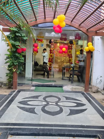 The entrance of a building decorated for a religious event (Mata ki Chowki), showing how I can decorate different types of venues.