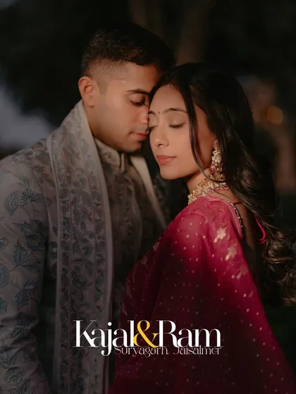 An intimate portrait of Kajal and Ram from their pre-wedding shoot in Jaisalmer. The soft evening light and their close embrace create a romantic and timeless image.
