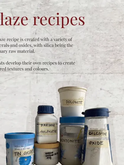 Glaze recipes are created with a variety of minerals and oxides. In my advanced courses, artists learn to develop their own recipes to create unique colors and textures.