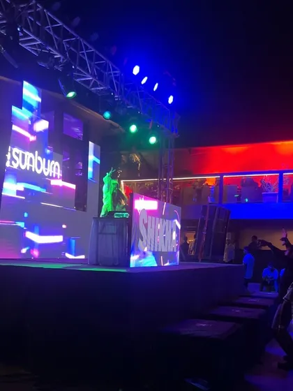 A full view of the impressive stage and lighting rig at my Sunburn gig. Playing here was a dream come true.