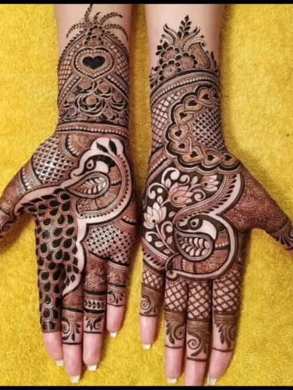 A beautiful design with peacocks and hearts, a romantic choice for a bride.