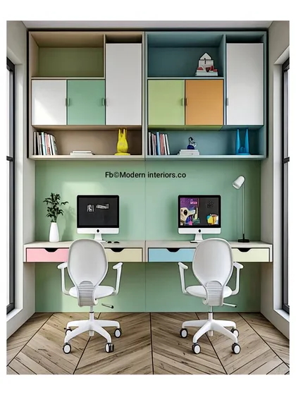 Who says a workspace can't be playful? This colorful dual study unit is perfect for siblings or partners sharing a space. It has plenty of overhead cabinets and drawers to keep everything tidy, creating a fun and productive environment for everyone.