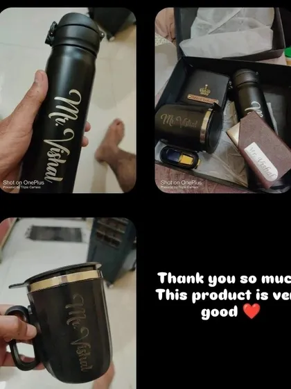 'This product is very good' - a happy customer shares photos of their new personalized bottle and mug. Thank you for your trust.
