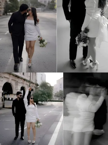 This set of four images highlights their playful and romantic interactions. From a celebratory pose in the middle of the street to a motion-blurred dance, it captures the dynamic energy of their relationship against the city backdrop.