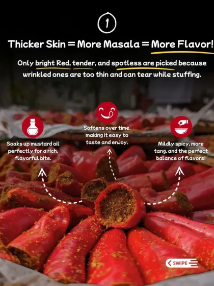 We pick only bright red, tender, and spotless Banarasi chillies. Their thicker skin allows them to be stuffed with more masala, and they soften over time to create a rich, flavourful bite.