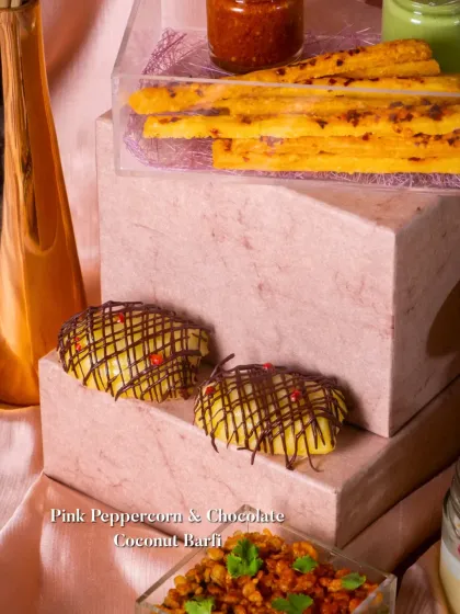 This is my Pink Peppercorn & Chocolate Coconut Barfi. The traditional Indian sweet gets a modern update with a hint of spicy pink peppercorn and a drizzle of dark chocolate.