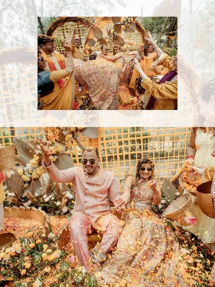 A collage showing the couple being showered with flower petals, a classic and joyous Haldi ritual.
