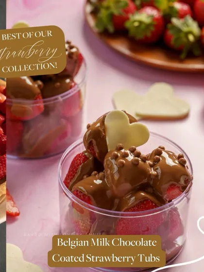 The best of my strawberry collection, all in one place. This collage showcases my Belgian Milk Chocolate Coated Strawberry Tubs, a seasonal favorite.