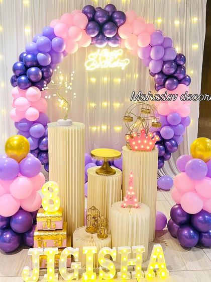 A circular balloon arch in shades of purple and pink for an 8th birthday. The decoration includes themed props like a Ferris wheel, crown, and Eiffel tower, adding a touch of whimsy.