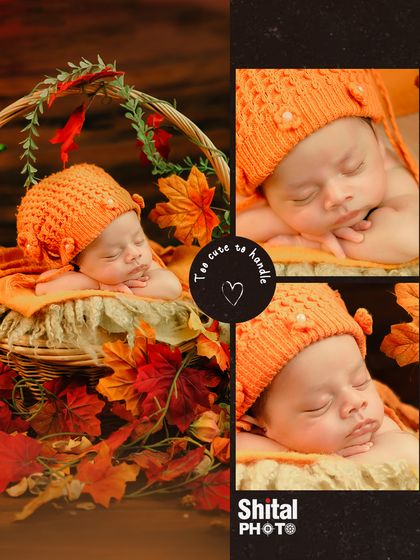 A collage showcasing the details of our autumn-themed session. It highlights the baby's peaceful expressions and the rich, warm colors of the fall props.