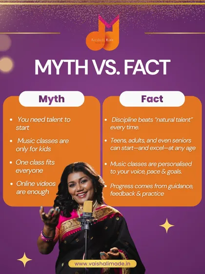 Many people believe common myths about learning music. We believe discipline beats "natural talent" every time, and it's never too late to start. Our classes are personalized, proving that progress comes from guidance and dedicated practice, not just from watching videos online.