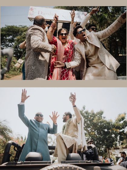 The groom's baraat in full swing, with family and friends dancing and celebrating on top of a jeep.