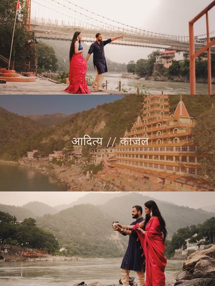 A collage that tells the story of a Rishikesh pre-wedding shoot, from the iconic bridges to the sacred rituals by the river.