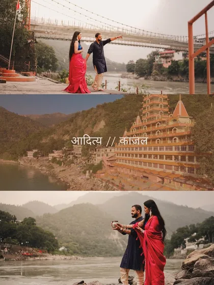 A collage that tells the story of a Rishikesh pre-wedding shoot, from the iconic bridges to the sacred rituals by the river.