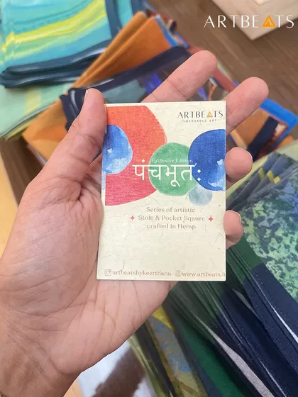 The story behind each piece is important to me. This is the tag for my 'Panchabhuta' series, which explains the concept of the five elements. It’s a small detail that connects the wearer to the inspiration behind the art.