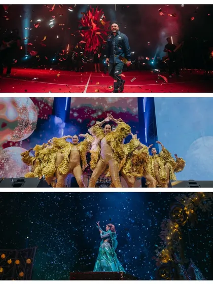 A collage of dazzling stage performances. From professional dancers in stunning costumes to the couple's own performance under a shower of confetti, the Sangeet night was full of energy and entertainment.