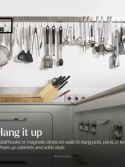 A simple and effective way to free up counter and drawer space is to use a wall-mounted rail system for hanging frequently used utensils.