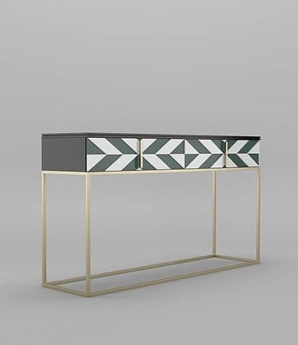 A studio shot of our geometric console table, perfect for adding a pop of color and pattern to any hallway or living space.
