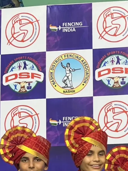 Our young champions, including Silver Medalist Divyansh Punia, at the Mini National Fencing Championship, adorned with traditional Maharashtrian headwear for the ceremony.