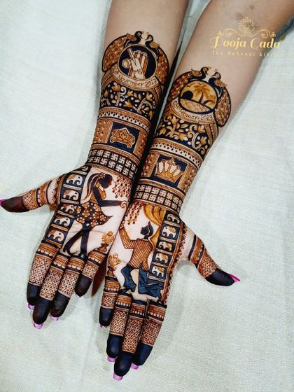 A vibrant and story-rich engagement design. The palms depict a lively Garba dance scene, while the forearms include a crown, a wedding proposal, and other personalized elements.