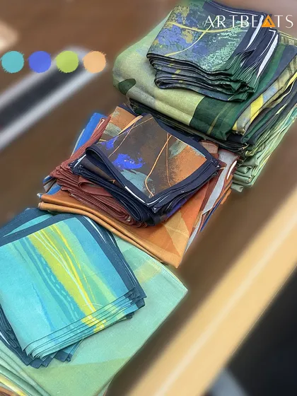 This image gives a behind the scenes glimpse of a fresh batch of my 'Panchabhuta' pocket squares and scarves. You can see the variety of color stories, each inspired by one of the five elements: earth, fire, water, air, and space.