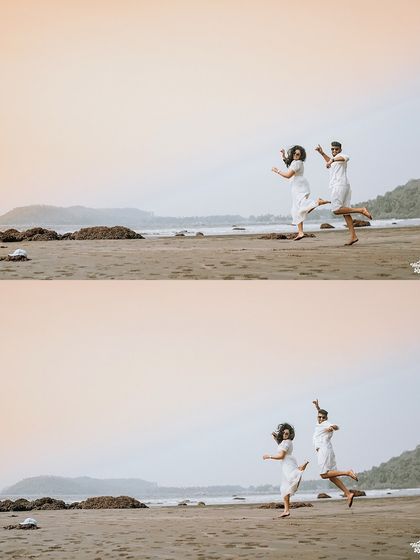 A playful and energetic shot of a couple jumping for joy on a sandy beach, perfectly capturing the excitement of their journey together.
