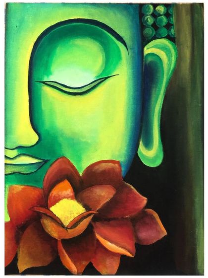 A close-up of the green Buddha canvas, allowing appreciation of the smooth shading and serene mood of the piece.