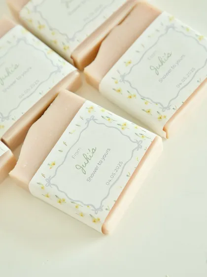 Close-up of the delicate, personalized labels for Juhi's shower.
