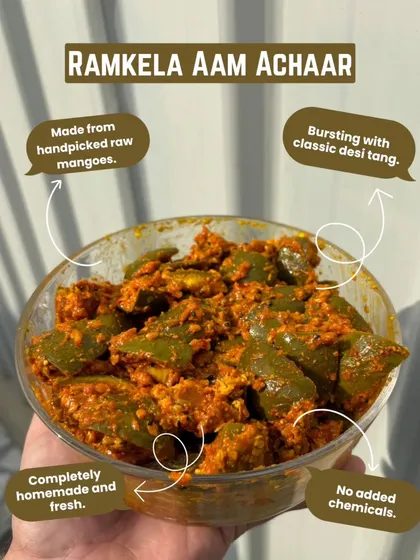 Our Ramkela Aam Achaar is a classic for a reason. Made from handpicked raw mangoes, it has that perfect desi tang and is completely homemade without any chemicals, just pure, sun-dried goodness.